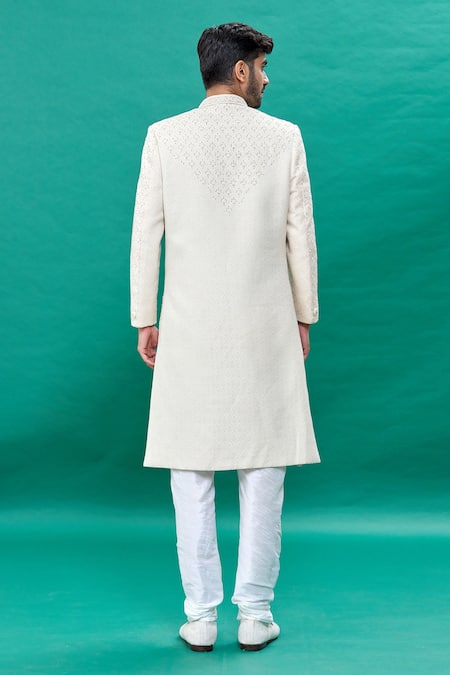 Rng Safawala Raw Silk Mandarin Collar Sherwani Set 