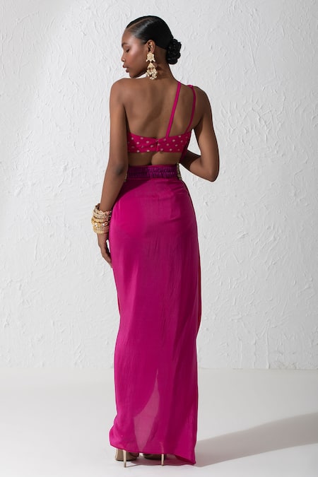 Shop Rishi and Vibhuti Pink Crepe, Silk Zari, Embroidery One Sea Mist Pre-draped Saree With Blouse at Aza Fashions Shop_Rishi and Vibhuti_Pink Crepe, Silk Zari, Embroidery One Sea Mist Pre-draped Saree With Blouse _at_Aza_Fashions