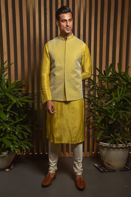 Shop_Darshika Menswear_Green Silk, Satin Pearls Checkered Embroidered Bundi Set _at_Aza_Fashions