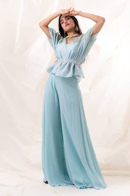 Shop PIRI INDIA Green Chanderi, Organza, Georgette Sequins, Embroidered Kimono Palazzo Set at Aza Fashions Shop_PIRI INDIA_Green Chanderi, Organza, Georgette Sequins, Embroidered Kimono Palazzo Set _at_Aza_Fashions