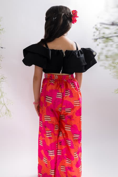 Shop Lil Angels Black Satin, Cotton Layered Top And Candy Print Pant Set at Aza Fashions Shop_Lil Angels_Black Satin, Cotton Layered Top And Candy Print Pant Set _at_Aza_Fashions