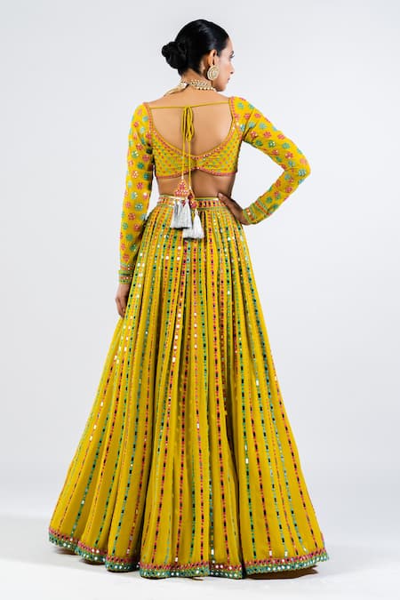 Shop Vvani By Vani Vats Green Georgette, Satin, Organza Mirrors, Embroidery Linear Pattern Lehenga Set at Aza Fashions Shop_Vvani By Vani Vats_Green Georgette, Satin, Organza Mirrors, Embroidery Linear Pattern Lehenga Set _at_Aza_Fashions