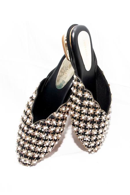 Shop Foot Fuel Black Embroidery Elodie Mule Block Heels at Aza Fashions Shop_Foot Fuel_Black Embroidery Elodie Mule Block Heels _at_Aza_Fashions