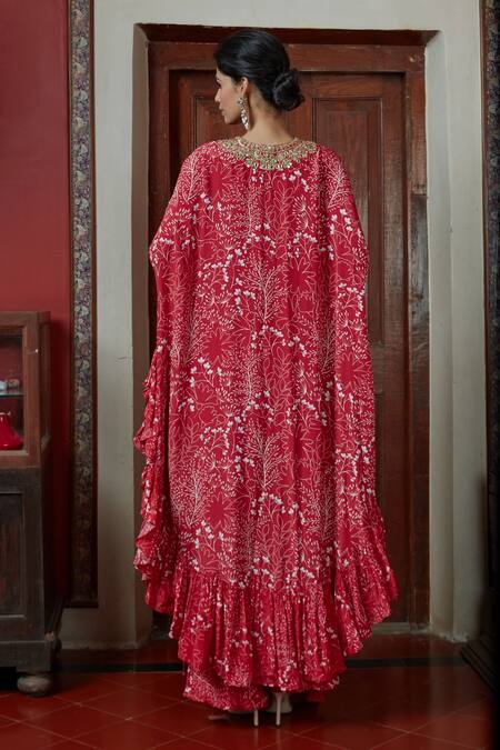 Arpita Mehta_Red Georgette Garden Print Long Cape And Pant Set_Online_at_Aza_Fashions