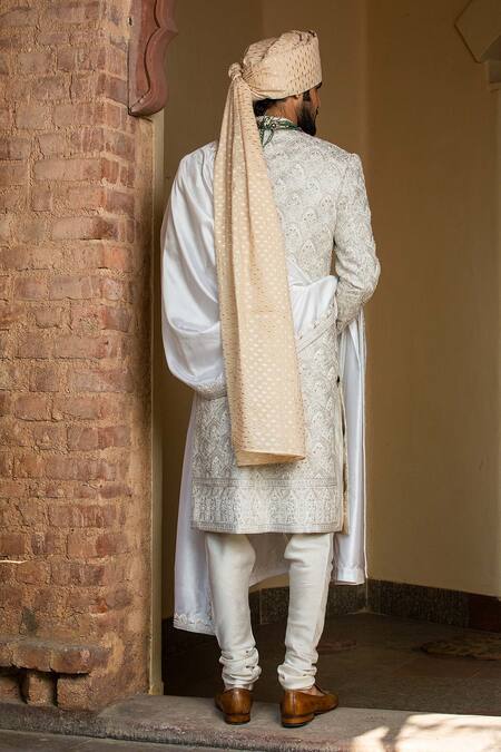 Shop_Nitika Gujral_Ivory Flower Embroidered Border Stole _at_Aza_Fashions
