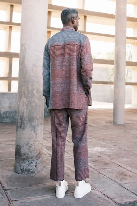 Shop Urvashi Kaur Brown Handloom Cotton Embroidery Collared Petro Striped Hand Spun Shirt at Aza Fashions Shop_Urvashi Kaur_Brown Handloom Cotton Embroidery Collared Petro Striped Hand Spun Shirt _at_Aza_Fashions