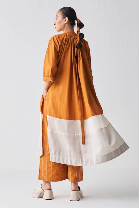 Shop Three Orange Poplin Embroidered Striped Broad Bottom Pant at Aza Fashions Shop_Three_Orange Poplin Embroidered Striped Broad Bottom Pant _at_Aza_Fashions