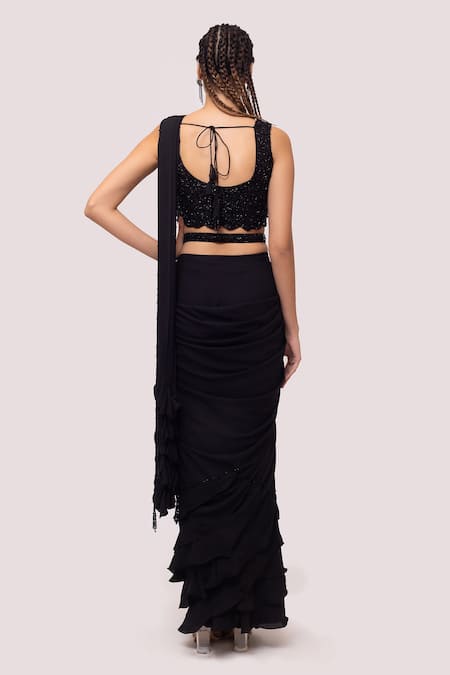 Shop Onaya Black Georgette Embellished Cutdana And Ruffle Pre-draped Saree & Blouse Set at Aza Fashions Shop_Onaya_Black Georgette Embellished Cutdana And Ruffle Pre-draped Saree & Blouse Set _at_Aza_Fashions