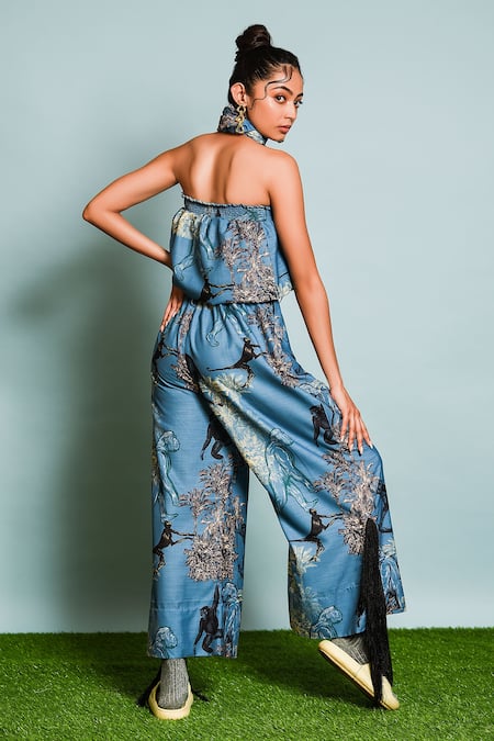 Shop The Dramebaaz CO Blue Linen Tassels Bandeau Neck Mandril Print Tube Jumpsuit at Aza Fashions Shop_The Dramebaaz CO_Blue Linen Tassels Bandeau Neck Mandril Print Tube Jumpsuit _at_Aza_Fashions