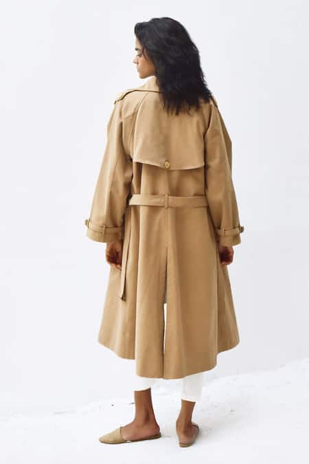 Shop Kharakapas Brown Twill Collared Latte Trench Coat at Aza Fashions Shop_Kharakapas_Brown Twill Collared Latte Trench Coat _at_Aza_Fashions