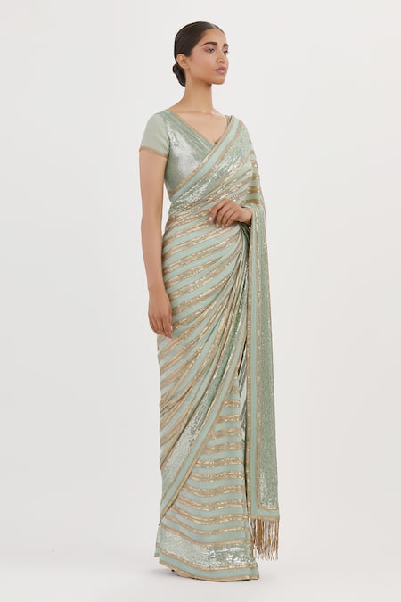Nakul Sen_Blue Chiffon Sequin V Neck Embroidered Saree With Blouse_Online_at_Aza_Fashions