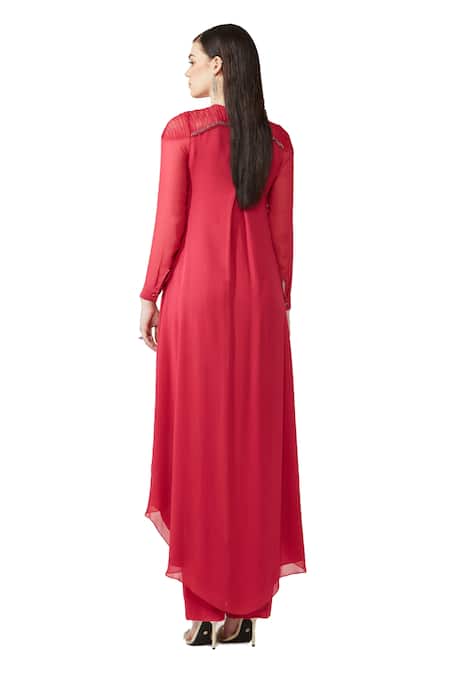 Shop Rohit Gandhi + Rahul Khanna Pink Silk, Georgette Embroidery Yoke Embellished Asymmetric Kurta And Pant Set at Aza Fashions Shop_Rohit Gandhi + Rahul Khanna_Pink Silk, Georgette Embroidery Yoke Embellished Asymmetric Kurta And Pant Set _at_Aza_Fashions