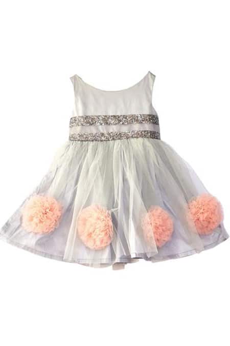 Shop_Pinkcow designs pvt ltd_Grey Net, Crepe Pom-poms, Sequins And Pompom Embellished Dress _at_Aza_Fashions