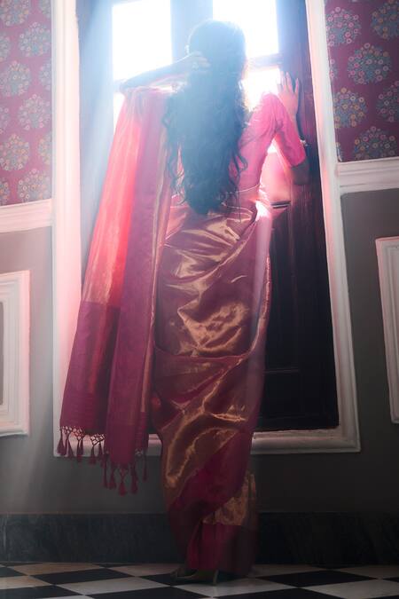 Shop_Kasturi Kundal_Fuchsia Pure Tissue Jhilmil Rani Woven Motifs Saree _at_Aza_Fashions