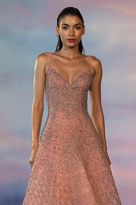 Shop_Rohit Gandhi + Rahul Khanna_Pink Tulle Sequins, Beads, Metallic Thread Sweetheart Mystic Rose Spatial Gown _at_Aza_Fashions