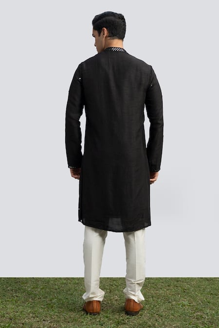 Shop Kaka Calcutta Black Cotton, Silk Mirrors Embroidered Collar Kurta Set at Aza Fashions Shop_Kaka Calcutta_Black Cotton, Silk Mirrors Embroidered Collar Kurta Set _at_Aza_Fashions