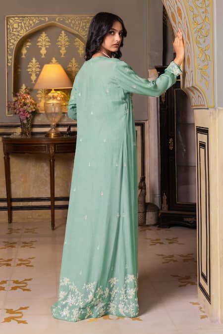 Shop Suruchi Parakh Green Georgette Cut Work, Embroidery, Embellished Jacket Printed Pant Set at Aza Fashions Shop_Suruchi Parakh_Green Georgette Cut Work, Embroidery, Embellished Jacket Printed Pant Set _at_Aza_Fashions