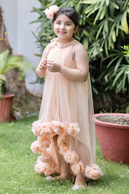 Shop Darleen Kids Couture Peach Net, Taffeta -poms Hem Dress at Aza Fashions Shop_Darleen Kids Couture_Peach Net, Taffeta -poms Hem Dress _at_Aza_Fashions