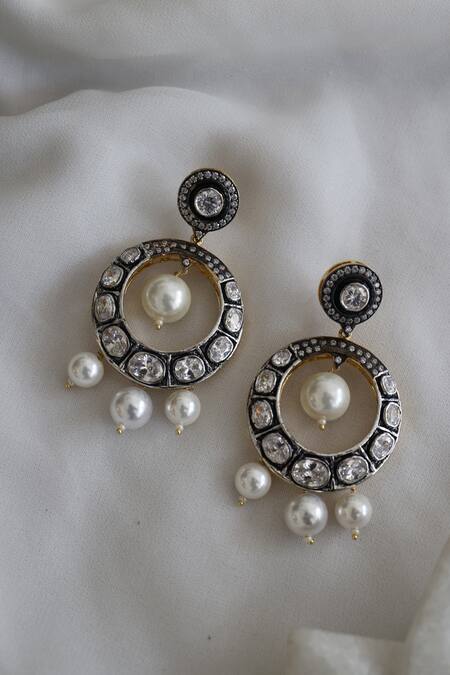 Buy Do Taara Silver Plated Polki And Shell Pearls Encrusted Earrings at Aza Fashions Buy_Do Taara_Silver Plated Polki And Shell Pearls Encrusted Earrings_at_Aza_Fashions