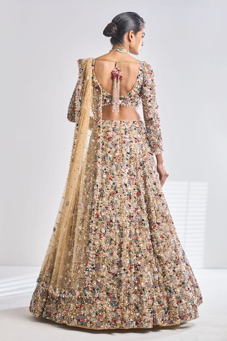 Seema Gujral_Gold Net Jewel Sweetheart Neck Tone Embroidered Bridal Lehenga Set _Online_at_Aza_Fashions