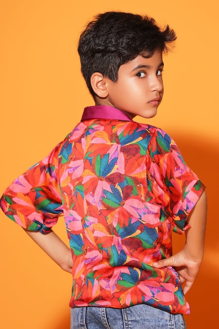 Shop_Littlecheer_Multi Color Viscose, Satin Floral Print Roll-up Sleeve Shirt _at_Aza_Fashions