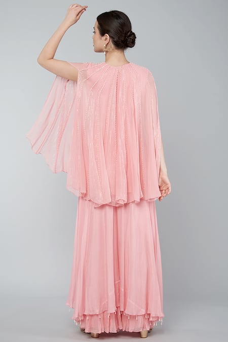 Keith Gomes Pink Georgette Sequins Round Neck Embellished Cape Tunic And Palazzo Set Online at Aza Fashions Keith Gomes_Pink Georgette Sequins Round Neck Embellished Cape Tunic And Palazzo Set _Online_at_Aza_Fashions