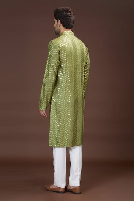 Shop Kasbah Green Silk Sequins Chevron Pattern Work Kurta Set at Aza Fashions Shop_Kasbah_Green Silk Sequins Chevron Pattern Work Kurta Set _at_Aza_Fashions