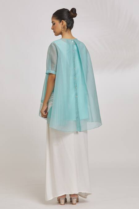 Shop Amit Aggarwal Blue Organza Embroidery Round Neck A-line Top at Aza Fashions Shop_Amit Aggarwal_Blue Organza Embroidery Round Neck A-line Top_at_Aza_Fashions