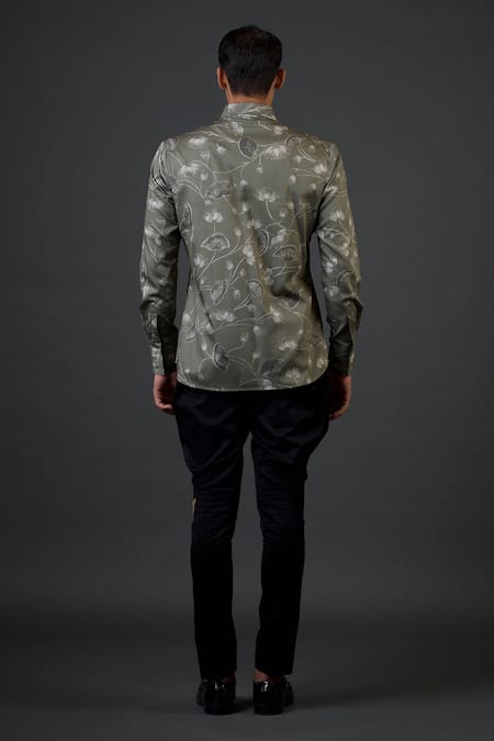 Shop Balance By Rohit Bal Grey Poplin, Satin Embroidery Lotus Print Fitted Shirt at Aza Fashions Shop_Balance By Rohit Bal_Grey Poplin, Satin Embroidery Lotus Print Fitted Shirt _at_Aza_Fashions