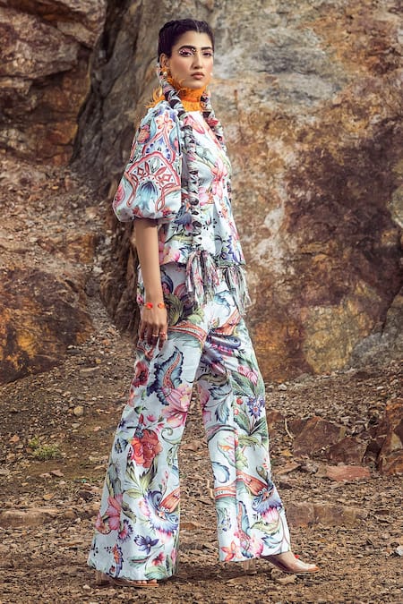 Shop Akanksha Mago Multi Color Cotton Round Neck Floral Print Top And Bell Bottom Pant Set at Aza Fashions Shop_Akanksha Mago_Multi Color Cotton Round Neck Floral Print Top And Bell Bottom Pant Set _at_Aza_Fashions