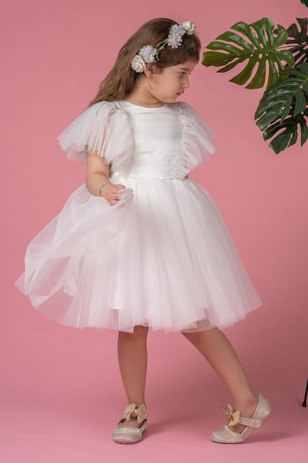Shop Darleen Kids Couture White Net, Satin, Canvas Little Fluffy Dress at Aza Fashions Shop_Darleen Kids Couture_White Net, Satin, Canvas Little Fluffy Dress _at_Aza_Fashions