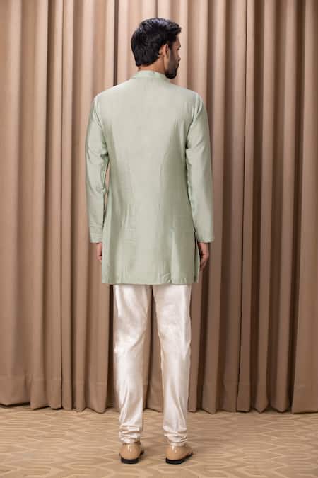 Ankit V Kapoor Mint Green Thread Embroidered Bundi Kurta Set 