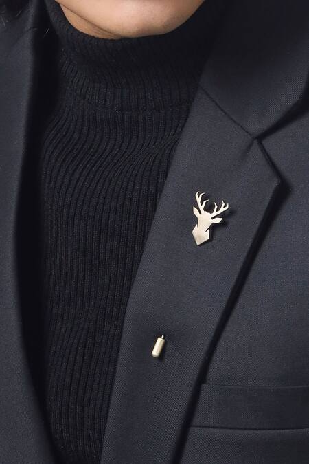 Shop_Cosa Nostraa_Gold Imperial Stag Lapel Pin _at_Aza_Fashions
