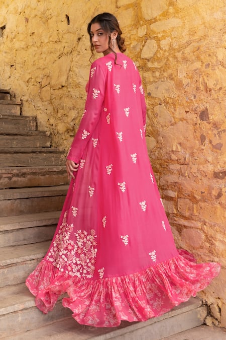 Shop Suruchi Parakh Pink Georgette Embroidery V-, Open Flower Jacket And Flared Pant Set at Aza Fashions Shop_Suruchi Parakh_Pink Georgette Embroidery V-, Open Flower Jacket And Flared Pant Set _at_Aza_Fashions