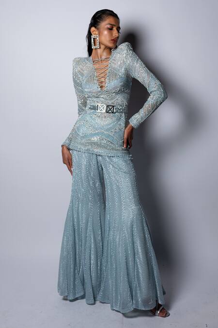 Shop Ritika Mirchandani Blue Net Embroidery Bead Criss Cross Mel Kurta And Sharara Set at Aza Fashions Shop_Ritika Mirchandani_Blue Net Embroidery Bead Criss Cross Mel Kurta And Sharara Set _at_Aza_Fashions