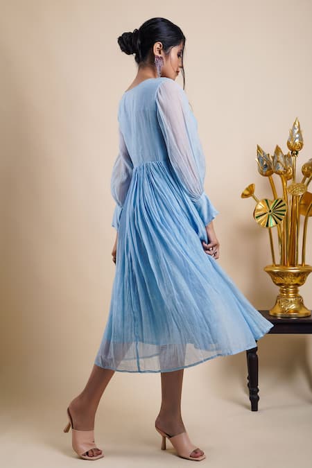 Shop Bhusattva Blue Organic Cotton Silk Embroidery Sequin Notched Placket Dress at Aza Fashions Shop_Bhusattva_Blue Organic Cotton Silk Embroidery Sequin Notched Placket Dress _at_Aza_Fashions