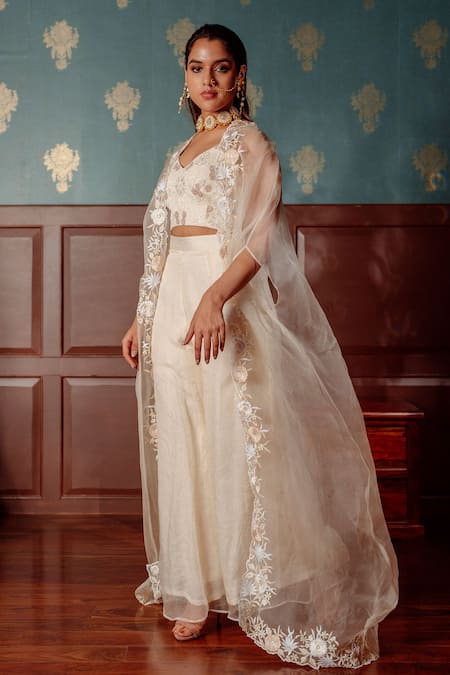 Shop_LAHARIO_Ivory , Organza Pearls, Sequins, Diamonds Embroidered Blouse Jacket Set _at_Aza_Fashions