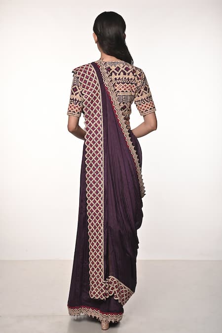 Soumodeep Dutta Silk Mirrorwork Embellished Border Pre-Draped Saree With Blouse 