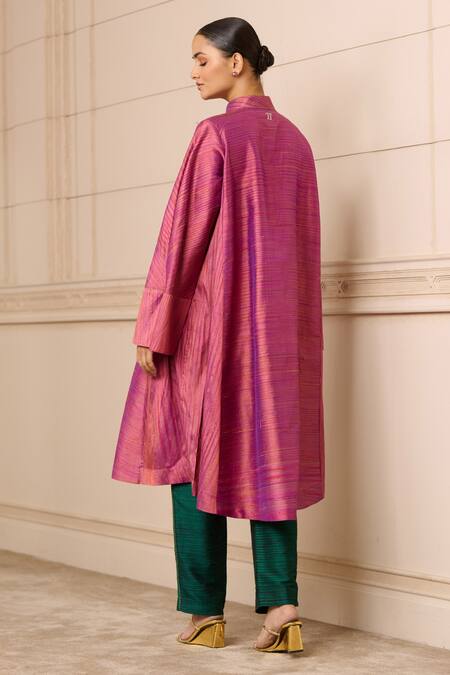 Shop Tarun Tahiliani Pink Silk Mandarin Collar Handwoven Striped Bell Sleeve Tunic at Aza Fashions Shop_Tarun Tahiliani_Pink Silk Mandarin Collar Handwoven Striped Bell Sleeve Tunic_at_Aza_Fashions