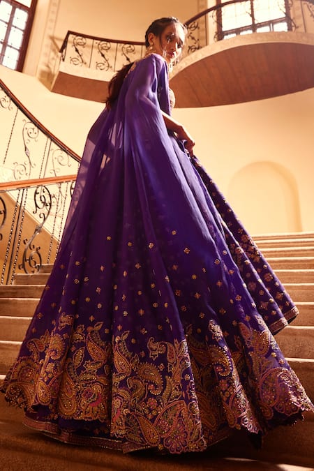 Shop Mrunalini Rao Purple Silk, Organza Embroidery, Sequins Scoop Meena Lehenga And Cutwork Cape Set at Aza Fashions Shop_Mrunalini Rao_Purple Silk, Organza Embroidery, Sequins Scoop Meena Lehenga And Cutwork Cape Set _at_Aza_Fashions