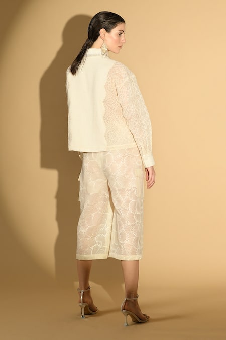 Shop Geisha Designs Off White Nylon Embroidered Beads Collared Neck Jacket And Culottes Set at Aza Fashions Shop_Geisha Designs_Off White Nylon Embroidered Beads Collared Neck Jacket And Culottes Set _at_Aza_Fashions