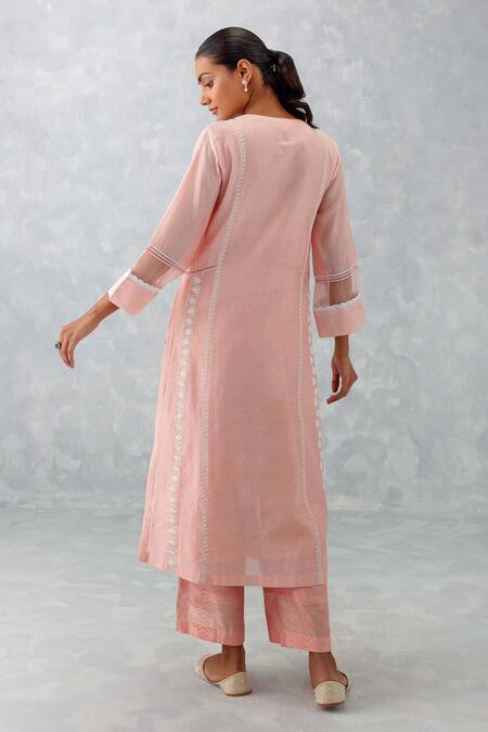 Shop_Devnaagri_Pink Chanderi And Organza Embroidered Dori Floral Block Print Kurta Set _at_Aza_Fashions