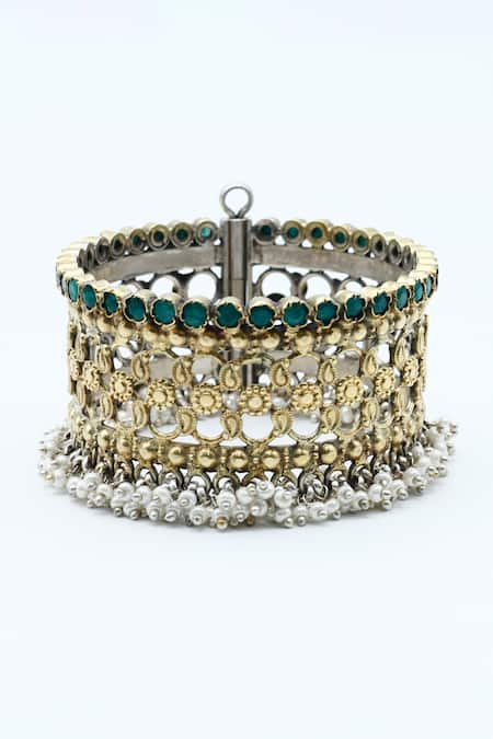 Shop Sangeeta Boochra Silver Plated Pearls, Stones Hena Paisley Embellished Bracelet at Aza Fashions Shop_Sangeeta Boochra_Silver Plated Pearls, Stones Hena Paisley Embellished Bracelet _at_Aza_Fashions