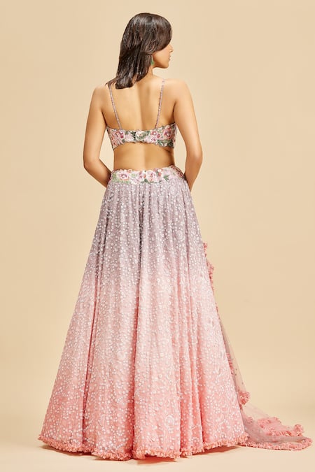 Shop_Nitika Gujral_Pink Lehenga Georgette Embroidery Floral Sweetheart Neck Shaded Set _at_Aza_Fashions
