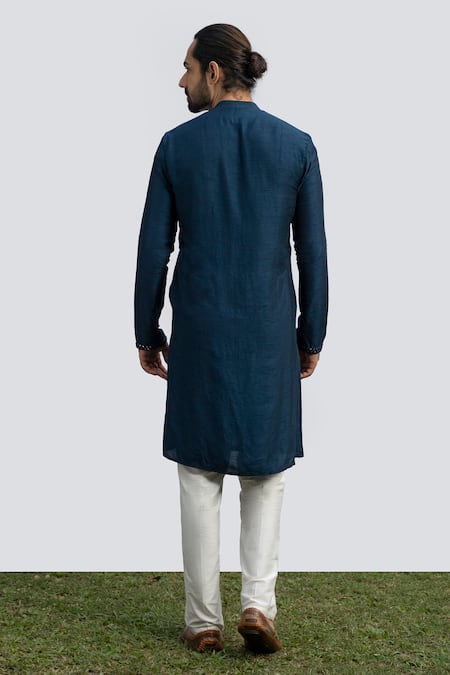 Shop Kaka Calcutta Blue Bamboo, Cotton, Silk Embroidery Neckline Kurta Set at Aza Fashions Shop_Kaka Calcutta_Blue Bamboo, Cotton, Silk Embroidery Neckline Kurta Set _at_Aza_Fashions