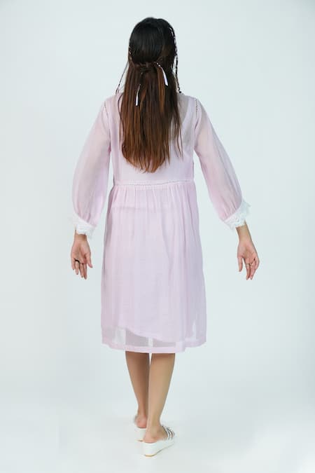 Jyoti Bansal_Pink Kota Doria Applique Round Neck Sugar Rose Pleated Bodice Tunic Dress _Online_at_Aza_Fashions