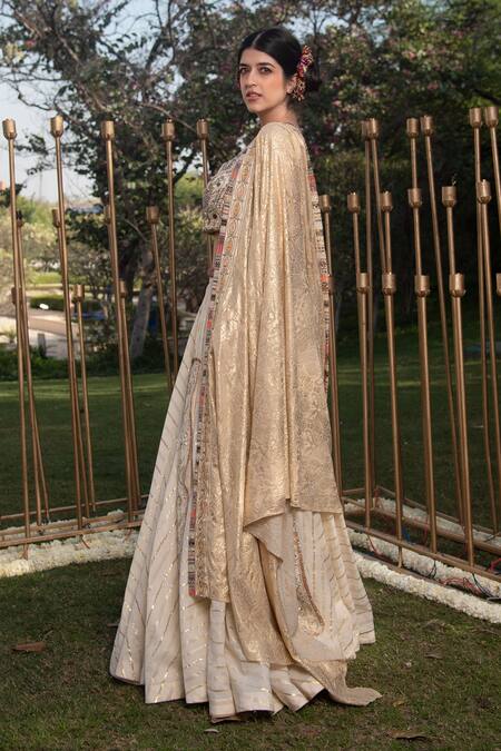 Buy_Soniya G_Ivory Handloom Cotton Beads, Sequins Scoop Lurex Striped Pattern Lehenga Set _Online_at_Aza_Fashions