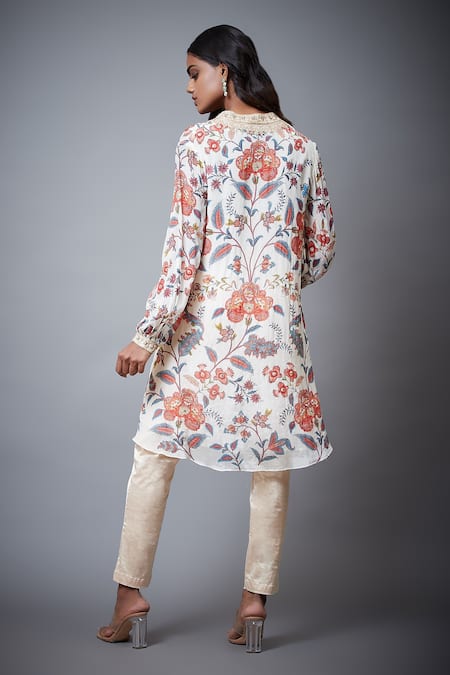 Shop RI.Ritu Kumar Ivory Viscose Chinon And Embroidery Floral Band Collar Chintz Kurti at Aza Fashions Shop_RI.Ritu Kumar_Ivory Viscose Chinon And Embroidery Floral Band Collar Chintz Kurti _at_Aza_Fashions