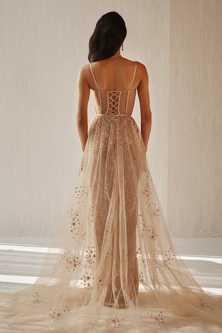 Shop_Cedar & Pine_Beige Net Embroidery Zari V Neck Floral Gown _at_Aza_Fashions