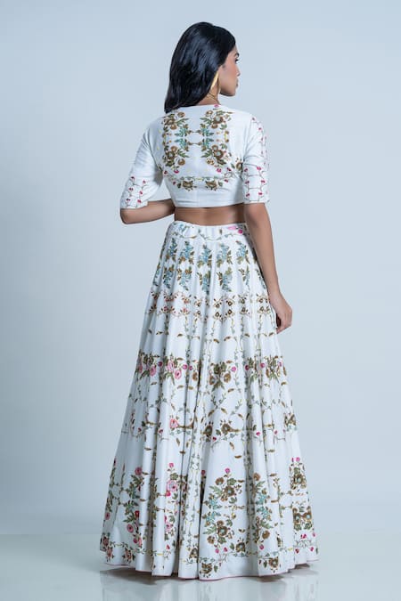 Shop Nautanky White Silk, Net Embroidery V-neck Raw Floral Printed And Lehenga Set at Aza Fashions Shop_Nautanky_White Silk, Net Embroidery V-neck Raw Floral Printed And Lehenga Set _at_Aza_Fashions